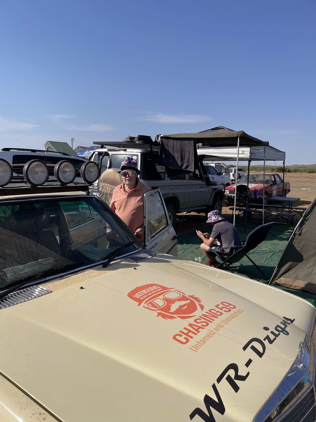 CHASING 59 figurehead decal on the bonnet of the Mercedes-Benz at camp on the SA Bull Run, October 2025
