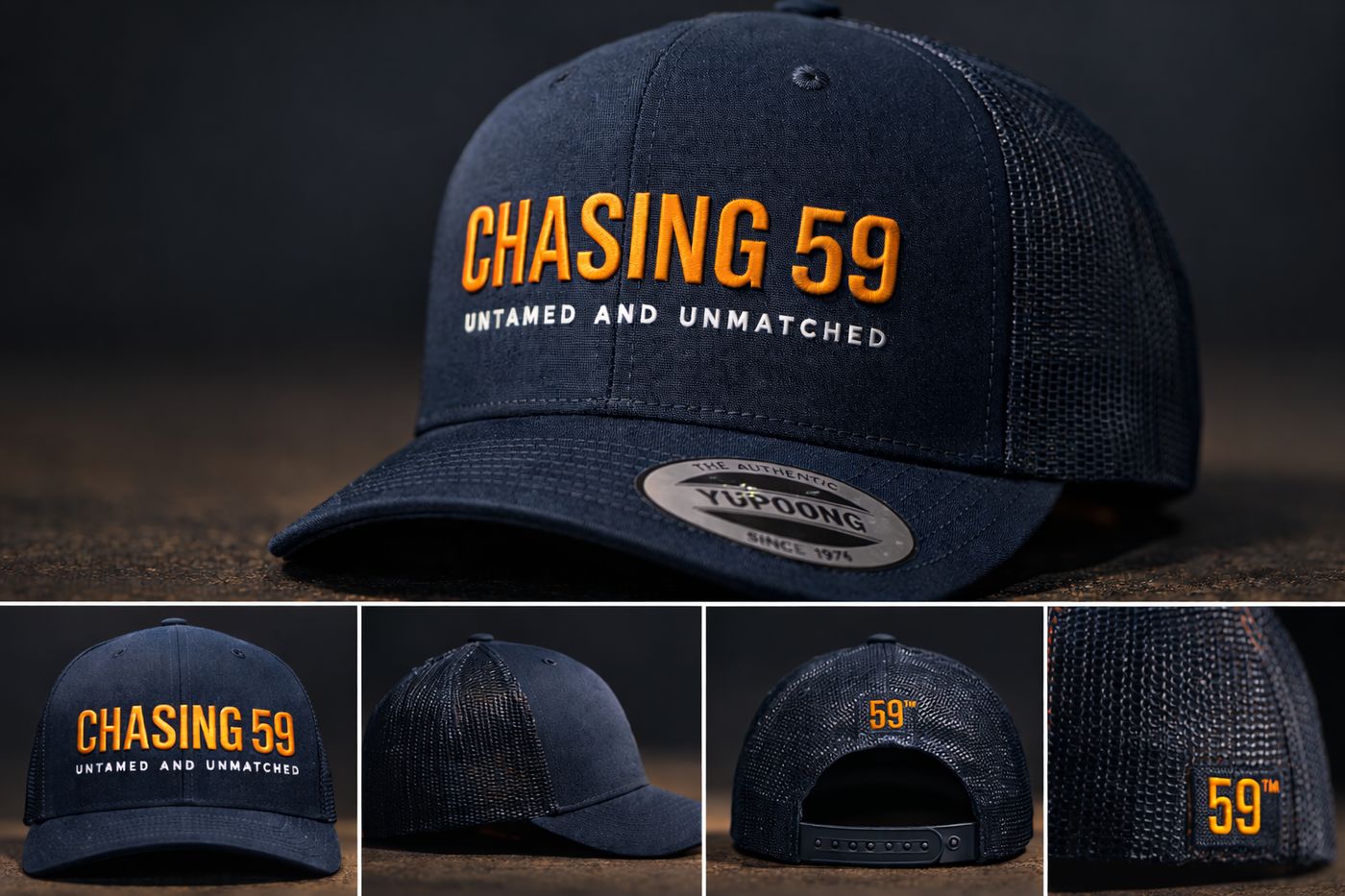 Design render of the navy CHASING 59 trucker cap from front, side and back, with 59 on the rear