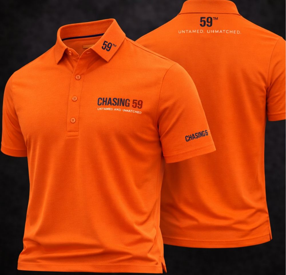 Design render of the orange CHASING 59 golf shirt, front and back