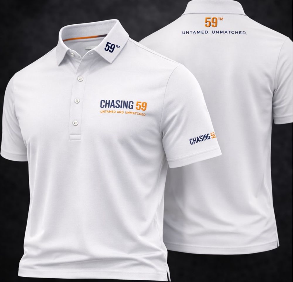 Design render of the white CHASING 59 golf shirt, front and back